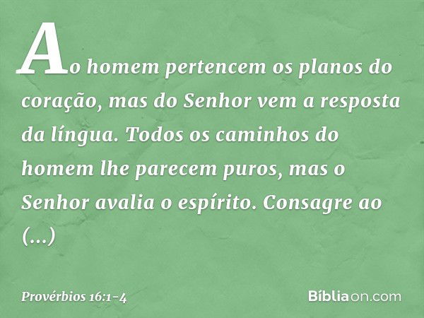 Ao homem pertencem
os planos do coração,
mas do Senhor vem a resposta da língua. Todos os caminhos do homem
lhe parecem puros,
mas o Senhor avalia o espírito. C