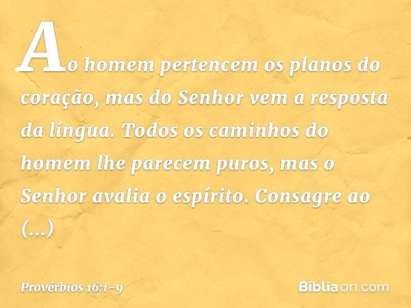 Ao homem pertencem
os planos do coração,
mas do Senhor vem a resposta da língua. Todos os caminhos do homem
lhe parecem puros,
mas o Senhor avalia o espírito. C