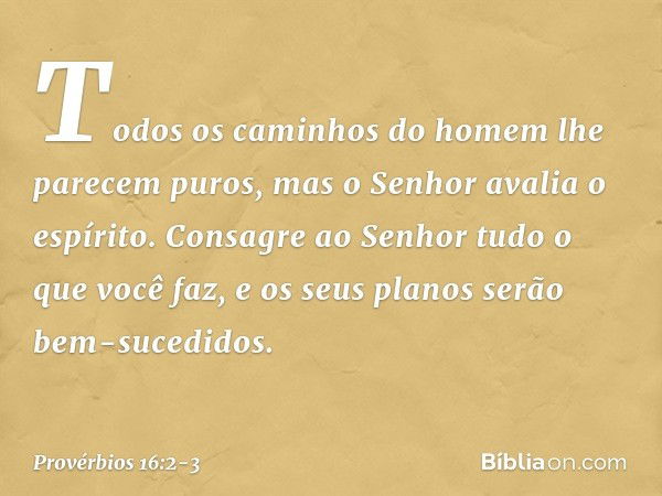 Todos os caminhos do homem
lhe parecem puros,
mas o Senhor avalia o espírito. Consagre ao Senhor
tudo o que você faz,
e os seus planos serão bem-sucedidos. -- P