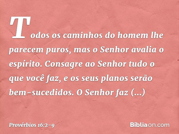 Todos os caminhos do homem
lhe parecem puros,
mas o Senhor avalia o espírito. Consagre ao Senhor
tudo o que você faz,
e os seus planos serão bem-sucedidos. O Se