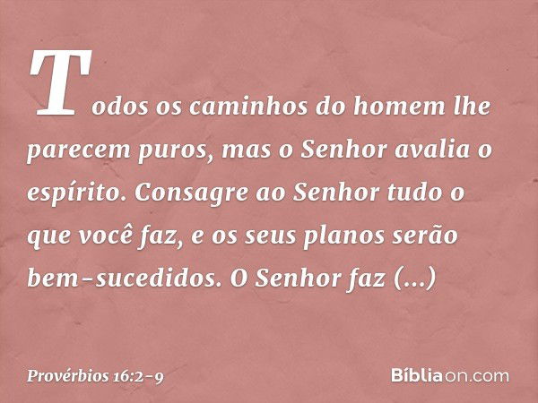 Todos os caminhos do homem
lhe parecem puros,
mas o Senhor avalia o espírito. Consagre ao Senhor
tudo o que você faz,
e os seus planos serão bem-sucedidos. O Se