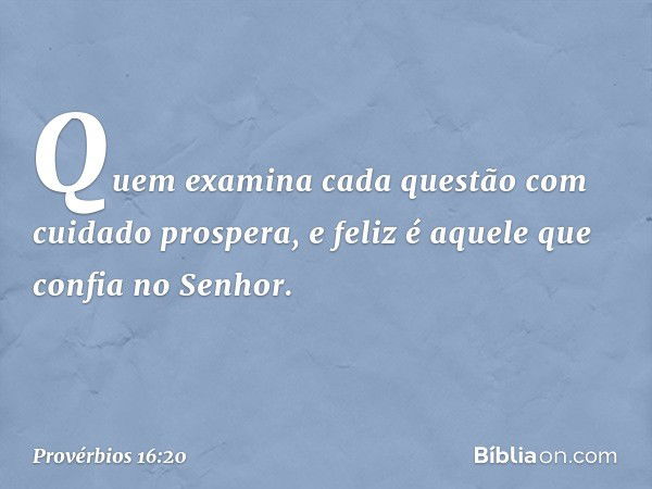 Quem examina cada questão
com cuidado prospera,
e feliz é aquele que confia no Senhor. -- Provérbios 16:20