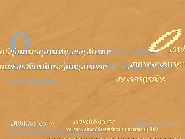 O crisol é para a prata, e o forno para o ouro; mas o Senhor é que prova os corações.