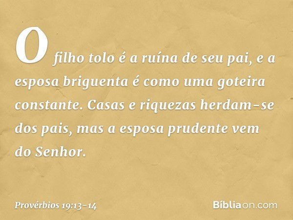 O filho tolo é a ruína de seu pai,
e a esposa briguenta
é como uma goteira constante. Casas e riquezas herdam-se dos pais,
mas a esposa prudente vem do Senhor. 