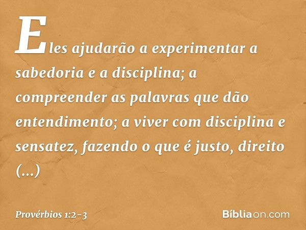 Eles ajudarão a experimentar
a sabedoria e a disciplina;
a compreender as palavras
que dão entendimento; a viver com disciplina e sensatez,
fazendo o que é just