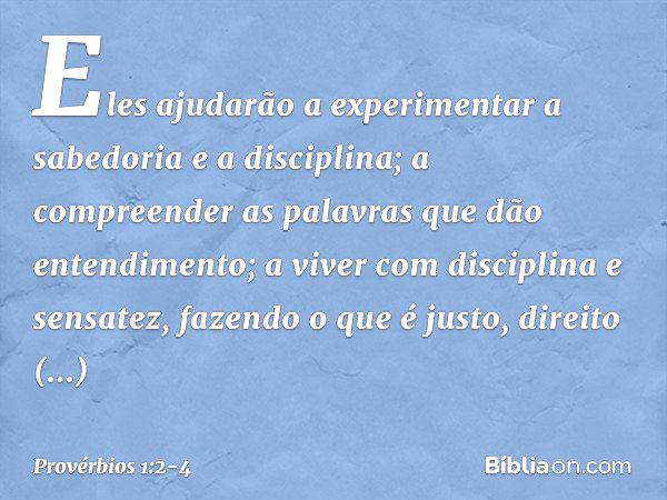 Eles ajudarão a experimentar
a sabedoria e a disciplina;
a compreender as palavras
que dão entendimento; a viver com disciplina e sensatez,
fazendo o que é just