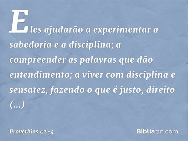 Eles ajudarão a experimentar
a sabedoria e a disciplina;
a compreender as palavras
que dão entendimento; a viver com disciplina e sensatez,
fazendo o que é just