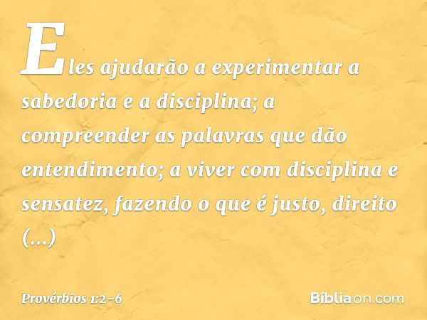 Eles ajudarão a experimentar
a sabedoria e a disciplina;
a compreender as palavras
que dão entendimento; a viver com disciplina e sensatez,
fazendo o que é just