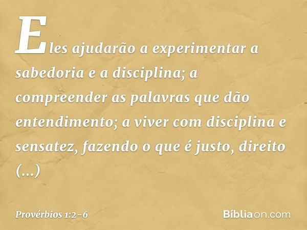 Eles ajudarão a experimentar
a sabedoria e a disciplina;
a compreender as palavras
que dão entendimento; a viver com disciplina e sensatez,
fazendo o que é just