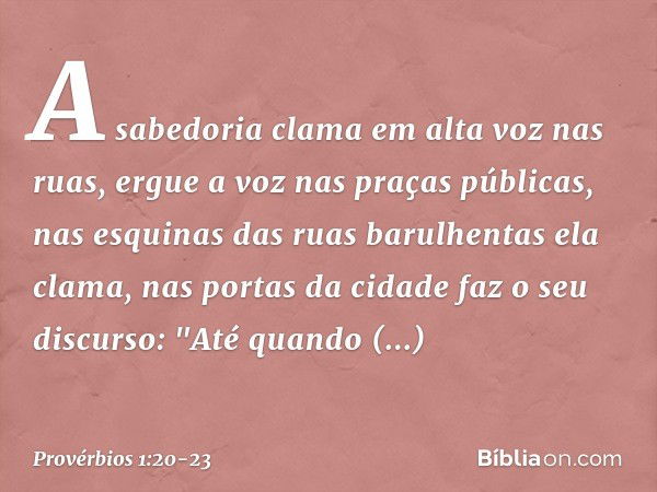 A sabedoria clama em alta voz nas ruas,
ergue a voz nas praças públicas, nas esquinas das ruas barulhentas
ela clama,
nas portas da cidade faz o seu discurso: "