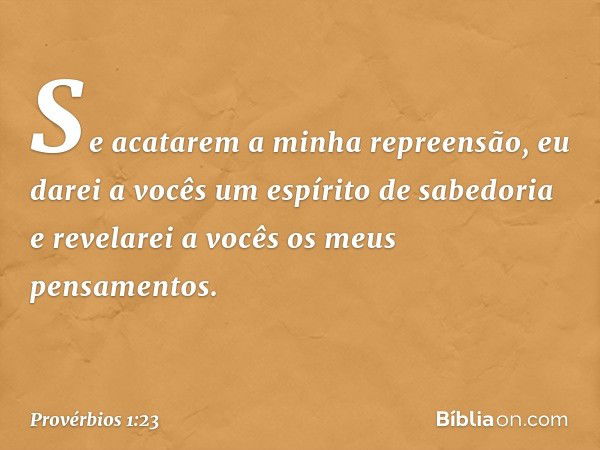 Se acatarem a minha repreensão,
eu darei a vocês um espírito de sabedoria
e revelarei a vocês os meus pensamentos. -- Provérbios 1:23