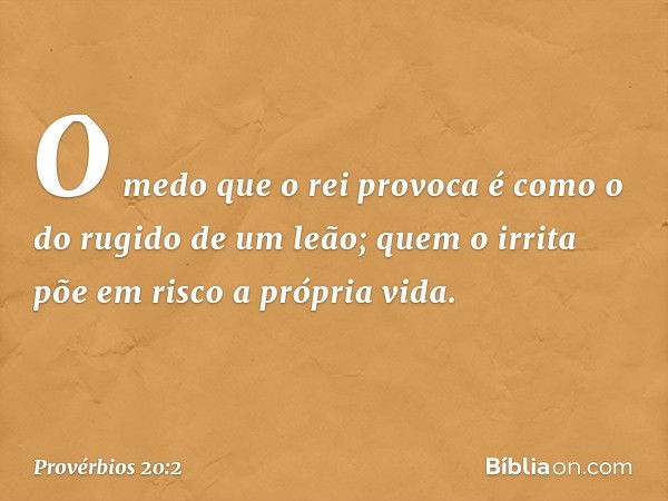 O medo que o rei provoca
é como o do rugido de um leão;
quem o irrita põe em risco a própria vida. -- Provérbios 20:2