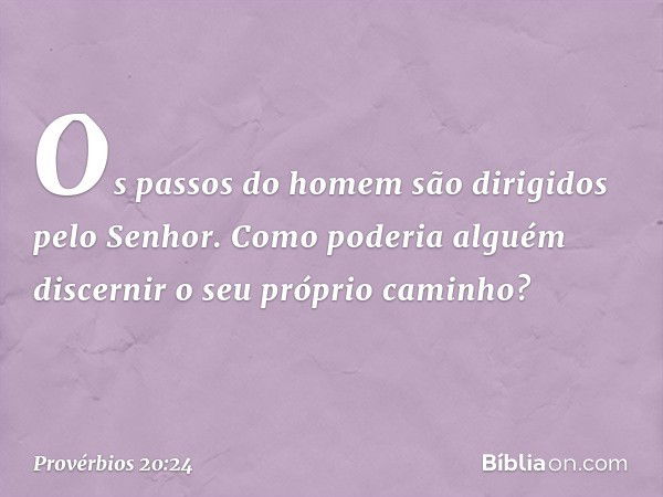 Os passos do homem
são dirigidos pelo Senhor.
Como poderia alguém
discernir o seu próprio caminho? -- Provérbios 20:24