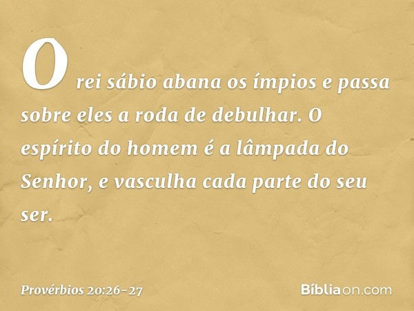 O rei sábio abana os ímpios
e passa sobre eles a roda de debulhar. O espírito do homem
é a lâmpada do Senhor,
e vasculha cada parte do seu ser. -- Provérbios 20