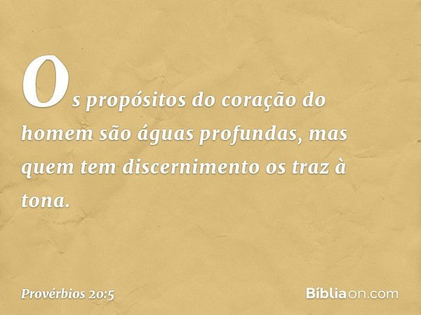 Os propósitos do coração do homem
são águas profundas,
mas quem tem discernimento
os traz à tona. -- Provérbios 20:5