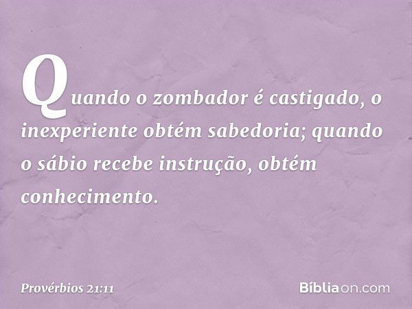 Quando o zombador é castigado,
o inexperiente obtém sabedoria;
quando o sábio recebe instrução,
obtém conhecimento. -- Provérbios 21:11