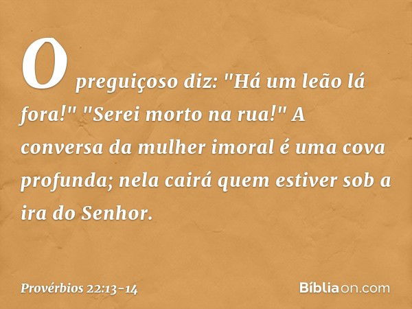 O preguiçoso diz:
"Há um leão lá fora!"
"Serei morto na rua!" A conversa da mulher imoral
é uma cova profunda;
nela cairá quem estiver
sob a ira do Senhor. -- P