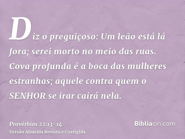 Diz o preguiçoso: Um leão está lá fora; serei morto no meio das ruas.Cova profunda é a boca das mulheres estranhas; aquele contra quem o SENHOR se irar cairá ne