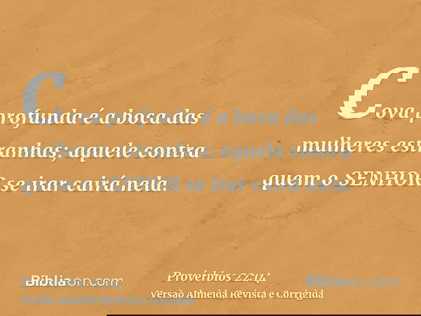 Cova profunda é a boca das mulheres estranhas; aquele contra quem o SENHOR se irar cairá nela.