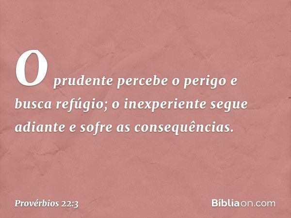 O prudente percebe o perigo
e busca refúgio;
o inexperiente segue adiante
e sofre as consequências. -- Provérbios 22:3