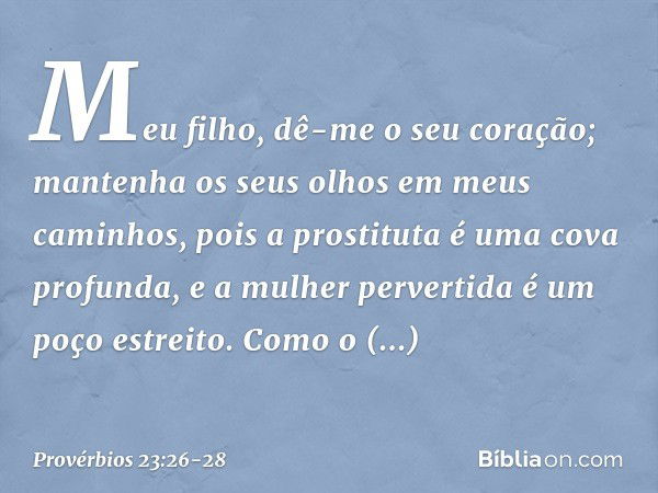 Meu filho, dê-me o seu coração;
mantenha os seus olhos
em meus caminhos, pois a prostituta é uma cova profunda,
e a mulher pervertida é um poço estreito. Como o