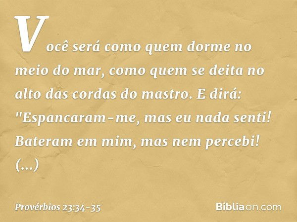 Você será como quem
dorme no meio do mar,
como quem se deita
no alto das cordas do mastro. E dirá: "Espancaram-me,
mas eu nada senti!
Bateram em mim, mas nem pe