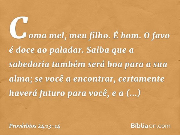 Coma mel, meu filho. É bom.
O favo é doce ao paladar. Saiba que a sabedoria também será boa
para a sua alma;
se você a encontrar, certamente haverá
futuro para 