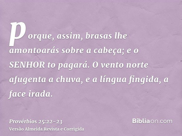 porque, assim, brasas lhe amontoarás sobre a cabeça; e o SENHOR to pagará.O vento norte afugenta a chuva, e a língua fingida, a face irada.