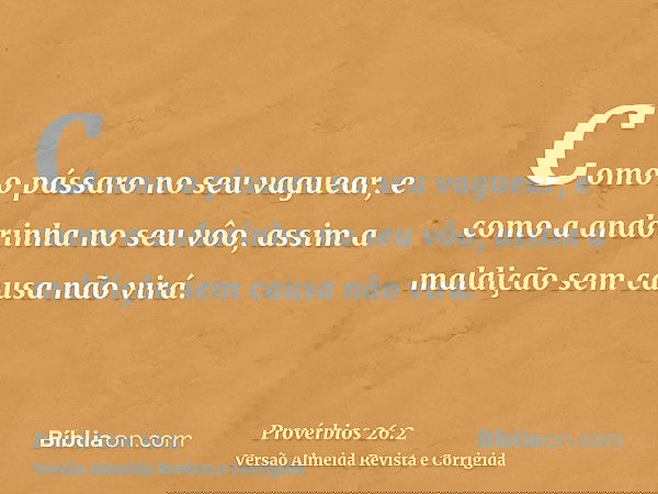 Como o pássaro no seu vaguear, e como a andorinha no seu vôo, assim a maldição sem causa não virá.