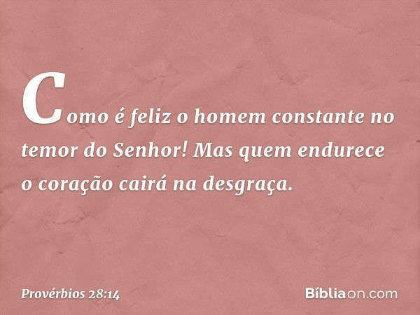 Como é feliz o homem constante
no temor do Senhor!
Mas quem endurece o coração
cairá na desgraça. -- Provérbios 28:14