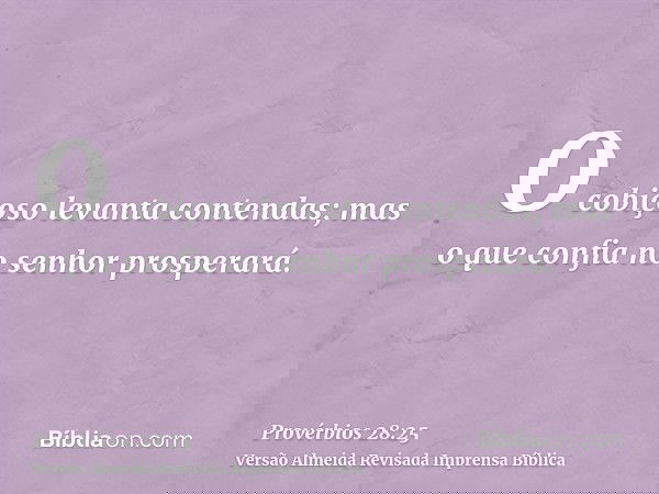 O cobiçoso levanta contendas; mas o que confia no senhor prosperará.