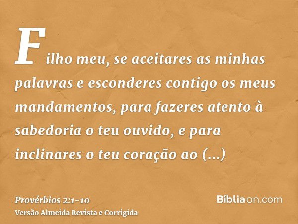 Filho meu, se aceitares as minhas palavras e esconderes contigo os meus mandamentos,para fazeres atento à sabedoria o teu ouvido, e para inclinares o teu coraçã