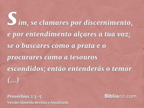 sim, se clamares por discernimento, e por entendimento alçares a tua voz;se o buscares como a prata e o procurares como a tesouros escondidos;então entenderás o