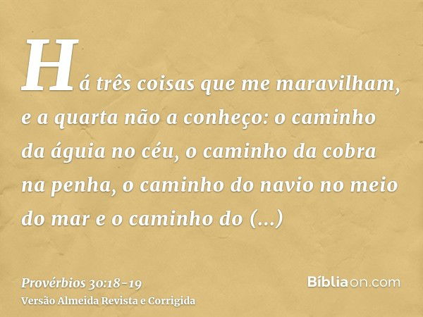 Há três coisas que me maravilham, e a quarta não a conheço:o caminho da águia no céu, o caminho da cobra na penha, o caminho do navio no meio do mar e o caminho