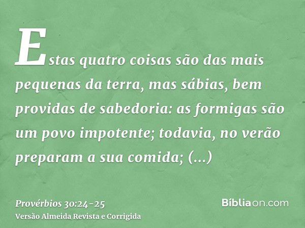 Estas quatro coisas são das mais pequenas da terra, mas sábias, bem providas de sabedoria:as formigas são um povo impotente; todavia, no verão preparam a sua co