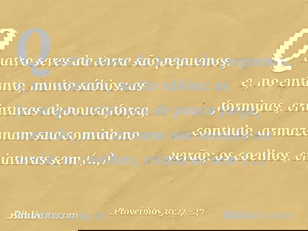 "Quatro seres da terra são pequenos,
e, no entanto, muito sábios: as formigas, criaturas de pouca força,
contudo, armazenam sua comida no verão; os coelhos, cri