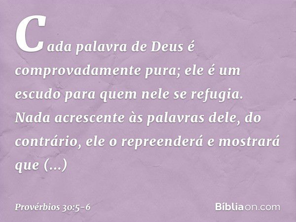 "Cada palavra de Deus
é comprovadamente pura;
ele é um escudo para quem
nele se refugia. Nada acrescente às palavras dele,
do contrário, ele o repreenderá
e mos