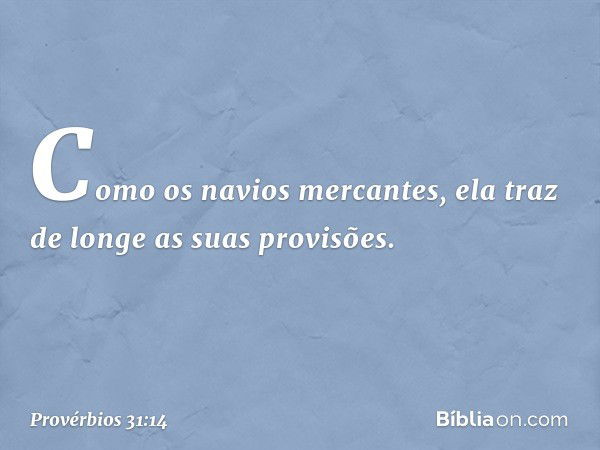 Como os navios mercantes,
ela traz de longe as suas provisões. -- Provérbios 31:14