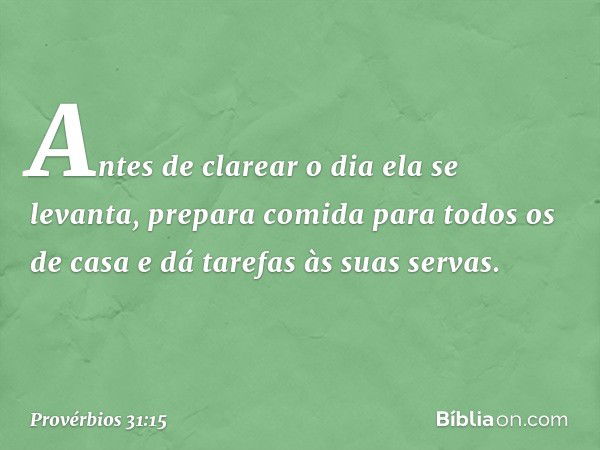 Antes de clarear o dia ela se levanta,
prepara comida para todos os de casa
e dá tarefas às suas servas. -- Provérbios 31:15