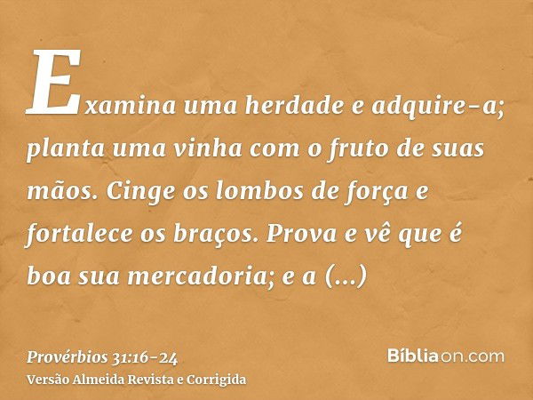 Examina uma herdade e adquire-a; planta uma vinha com o fruto de suas mãos.Cinge os lombos de força e fortalece os braços.Prova e vê que é boa sua mercadoria; e