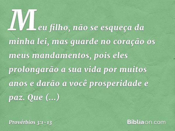 Meu filho, não se esqueça da minha lei,
mas guarde no coração
os meus mandamentos, pois eles prolongarão a sua vida
por muitos anos
e darão a você prosperidade 