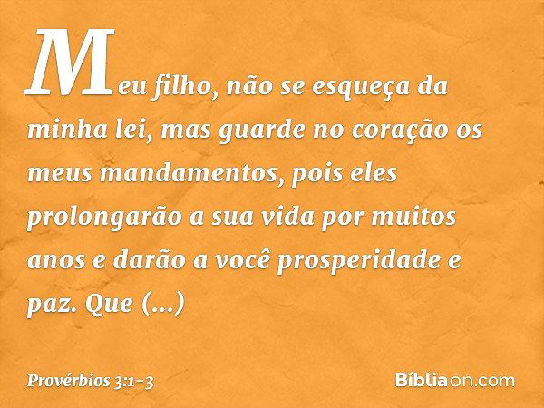 Meu filho, não se esqueça da minha lei,
mas guarde no coração
os meus mandamentos, pois eles prolongarão a sua vida
por muitos anos
e darão a você prosperidade 