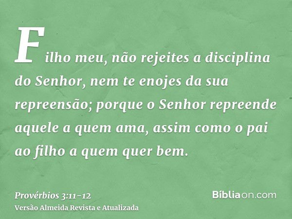 Filho meu, não rejeites a disciplina do Senhor, nem te enojes da sua repreensão;porque o Senhor repreende aquele a quem ama, assim como o pai ao filho a quem qu