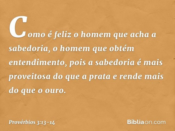 Como é feliz o homem
que acha a sabedoria,
o homem que obtém entendimento, pois a sabedoria
é mais proveitosa do que a prata
e rende mais do que o ouro. -- Prov