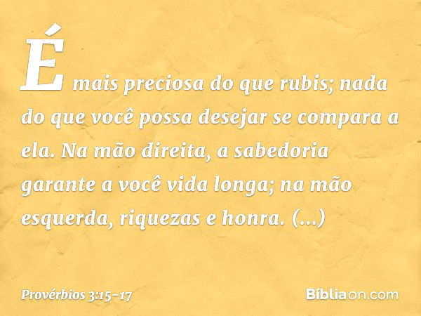 É mais preciosa do que rubis;
nada do que você possa desejar
se compara a ela. Na mão direita,
a sabedoria garante a você vida longa;
na mão esquerda, riquezas 