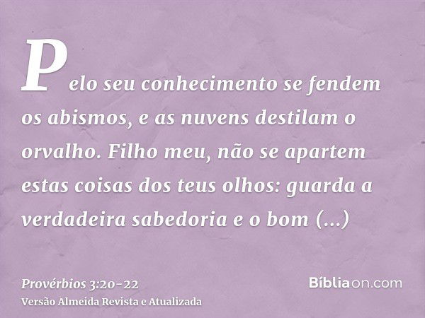 Pelo seu conhecimento se fendem os abismos, e as nuvens destilam o orvalho.Filho meu, não se apartem estas coisas dos teus olhos: guarda a verdadeira sabedoria 