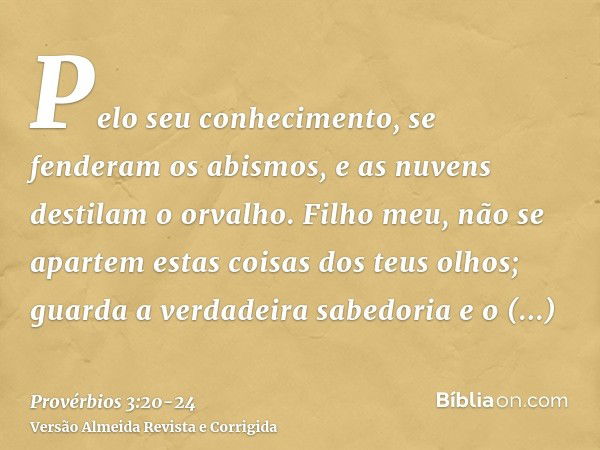 Pelo seu conhecimento, se fenderam os abismos, e as nuvens destilam o orvalho.Filho meu, não se apartem estas coisas dos teus olhos; guarda a verdadeira sabedor