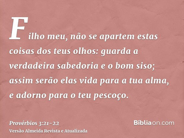 Filho meu, não se apartem estas coisas dos teus olhos: guarda a verdadeira sabedoria e o bom siso;assim serão elas vida para a tua alma, e adorno para o teu pes