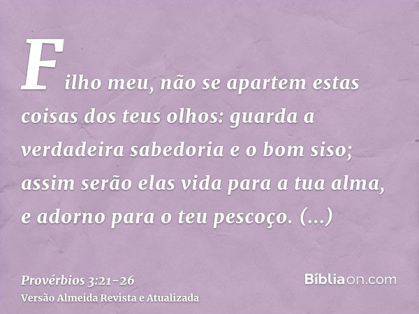 Filho meu, não se apartem estas coisas dos teus olhos: guarda a verdadeira sabedoria e o bom siso;assim serão elas vida para a tua alma, e adorno para o teu pes