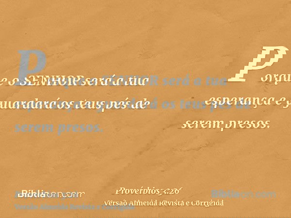 Porque o SENHOR será a tua esperança e guardará os teus pés de serem presos.